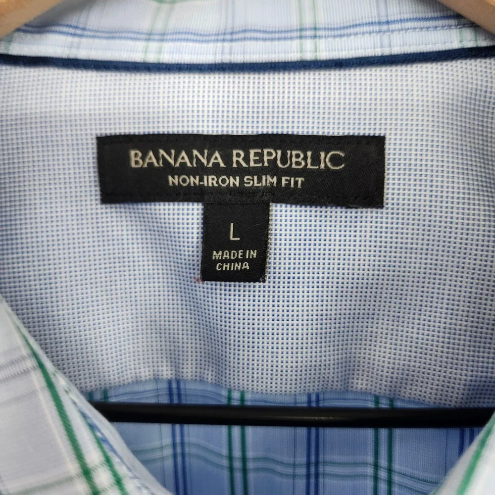 Banana Republic Mens Non Iron Slim Fit Dress Shirt Large Light‎ Blue Green Plaid